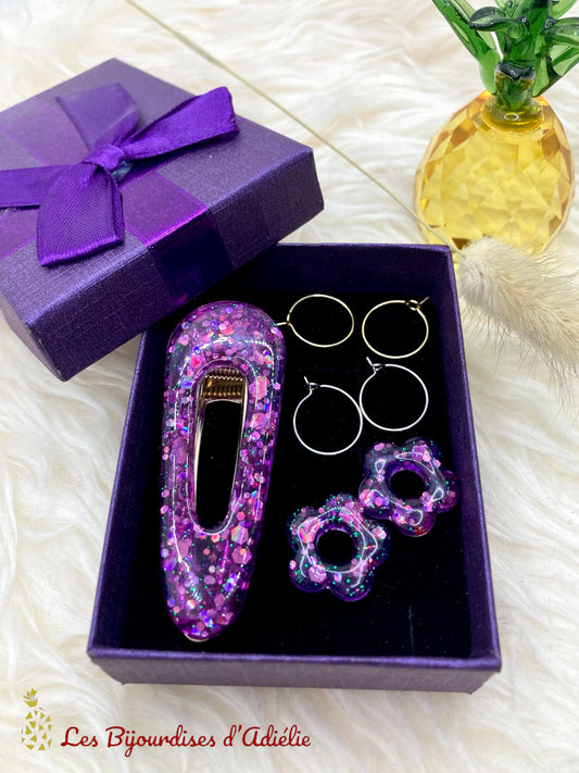 Coffret Violet - Barrettes/créoles